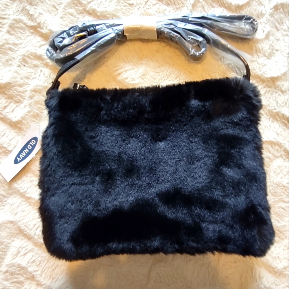 Old Navy - Black Faux Fur Zippered Shoulder Bag NWT